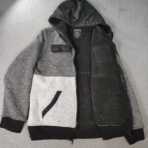 Rerun Supply Co Bomber Jacket Teens Large Gray/White Hooded Sherpa Lined FullZip